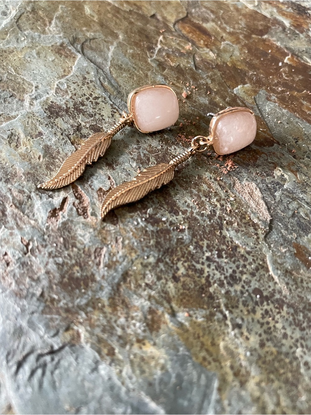 Rose Gold Feather Drop Earrings with Quartz stone